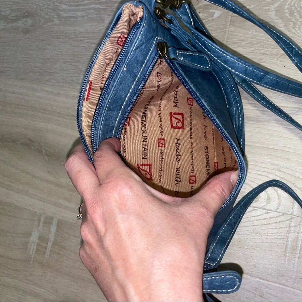 Stone Mountain Blue Jean Denim Look Crossbody Wristlet Bag - Picture 12 of 14